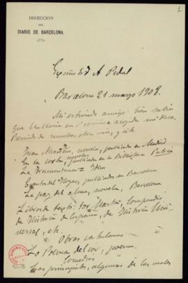 Carta de Teodoro Baró a Alejandro Pidal en la que relaciona las obras de su autoría y vaticina qu...