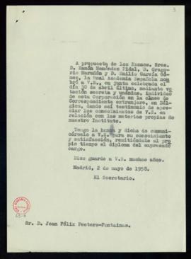 Copia del oficio del secretario a Jean Félix Peeters-Fontainas de traslado de su elección como ac...