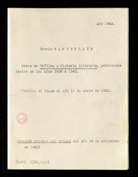 Carpetilla rotulada Premio Fastenrath. Año 1942. Obras de Crítica o Historia literaria, publicada...
