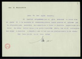 Carta de Gregorio Marañón a Julio Casares en la que le expresa su apoyo a la candidatura de Mauri...
