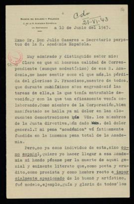 Carta de Ramón de Solano y Polanco al secretario en la que expresa su hondo pesar por el fallecim...