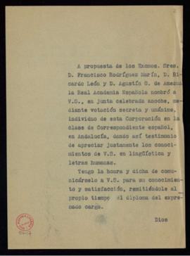 Minuta del oficio del secretario a Antonio Alcalá Venceslada de traslado de su nombramiento como ...