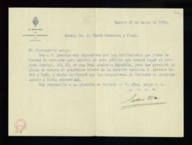 Carta del ministro de Educación Nacional, Julio Wais, a Ramón Menéndez Pidal, en la que le agrade...