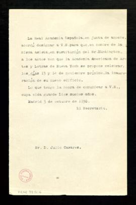 Copia del oficio del secretario a Julio Casares de traslado de su designación como representante ...