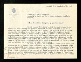 Carta de Eugenio d'Ors a Julio Casares, secretario, en la que da su aprobación al discurso del du...