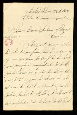 Carta de Evaristo Fombona a Marco Antonio Saluzzo en la que le pregunta si aceptaría el nombramie...