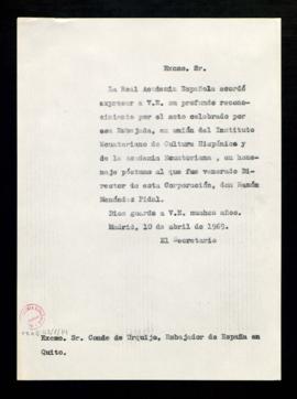 Copia sin firma del oficio del secretario al conde de Urquijo, embajador de España en Quito, en e...