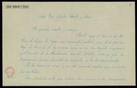 Carta de Juan Moneva y Puyol a Emilio Cotarelo en la que acusa recibo del tomo V de las Obras de ...