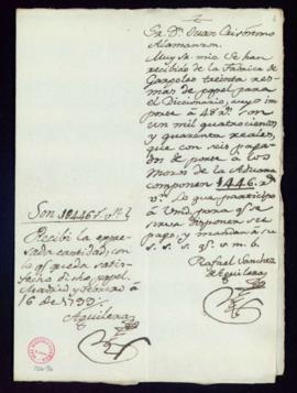 Carta de Rafael Sánchez de Aguilera a Juan Crisóstomo Alamanzón sobre la recepción de 30 resmas d...