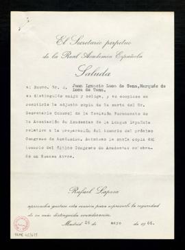 Copia sin firma del saluda de Rafael Lapesa, secretario, a Juan Ignacio Luca de Tena, marqués de ...