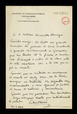 Carta de Gabriel Miró a Melchor Fernández Almagro en la que le agradece el envío de los poemas de...