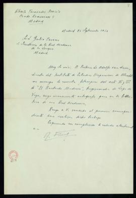 Carta de Alberto Fernández Arriola a Julio Casares con la que le remite, por indicación del profe...
