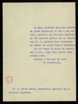 Copia del oficio de pésame del secretario a Darío Rubio, secretario de la Academia Mexicana, por ...
