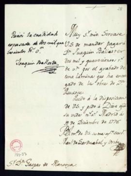 Orden de Manuel de Lardizábal del pago a Joaquín Ballester de 2400 reales de vellón por el grabad...