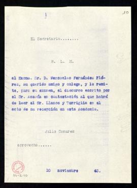 Copia del besalamano de Julio Casares a Wenceslao Fernández Flórez con el que le remite para su e...
