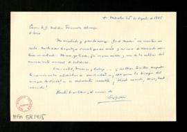 Carta de Federico Sopeña Ibáñez a a Melchor Fernández Almagro en la que le agradece el recorte qu...