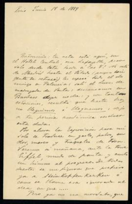 Carta de Emilia Pardo Bazán a Benito Pérez Galdós enviada desde París el 18 de junio de 1889