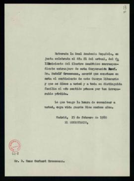 Copia del oficio de pésame del secretario a Hans Gerhard Grossman por el falleicmiento de su padr...