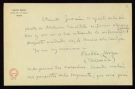 Carta de Julián Ribera a Fermín en la que le comunica que la confección y tirada del proyecto de ...
