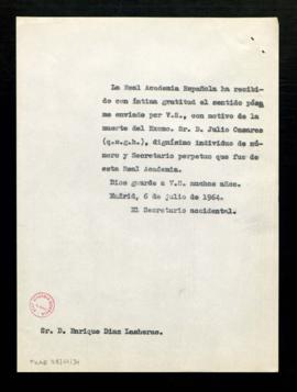 Copia del oficio del secretario accidental, Rafael Lapesa, a Enrique Díaz Lasheras de gratitud po...