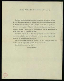 Copia sin firma del oficio de pésame del secretario [Emilio Cotarelo] a Matilde Romea por el fall...