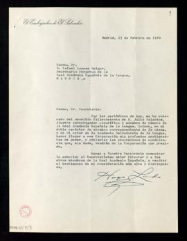 Carta de Hugo Lindo, embajador de El Salvador, a Rafael Lapesa, secretario, de pésame, personal y...