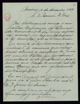 Minuta de la carta del secretario a Ramón D. Perés en la que, en nombre de la Comisión del Diccio...