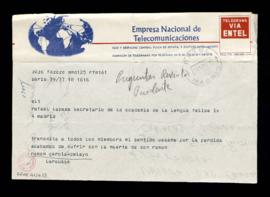 Telegrama de Ramón García-Pelayo, Larrouse, a Rafael Lapesa, secretario de la Real Academia Españ...
