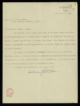 Carta de William J. Entwistle a Julio Casares en la que le comunica su aceptación de la represent...