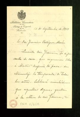 Carta de Antonio Alcalá Venceslada a Francisco Rodríguez Marín en la que le informa de las gestio...