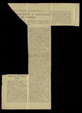Recorte del diario ABC de 13 de octubre de 1926, con la noticia del fallecimiento de Eugenio Sellés