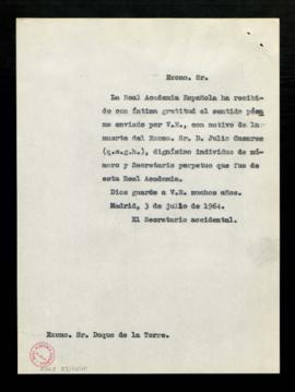 Copia del oficio del secretario accidental, Rafael Lapesa, al duque de la Torre, de gratitud por ...