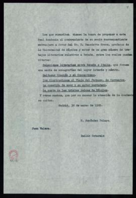 Copia de la propuesta firmada por Juan Valera, Marcelino Menéndez y Pelayo y Emilio Cotarelo de B...