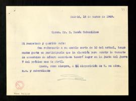 Carta de Lorenzo García a Ramón Cabanillas para informarle que el 7 de abril se celebrará la elec...