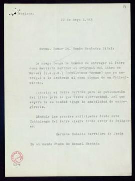 Copia de la carta de Eulalia Cáceres a Ramón Menéndez Pidal en la que le pide que entregue al pad...