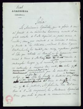 Carta del director y el secretario de la Academia a Pedro II, emperador del Brasil, de agradecimi...