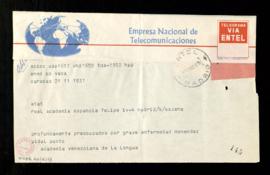 Telegrama de la Academia Venezolana de la Lengua en la que expresan su preocupación por la grave ...
