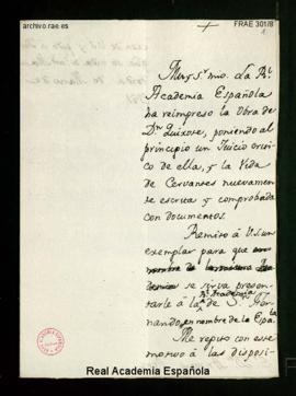Minuta de la carta [de Manuel de Lardizábal y Uribe] a Antonio Ponz  de remisión de un ejemplar d...