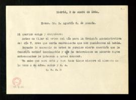 Copia sin firma de la carta a Agustín G. de Amezúa sobre un acuerdo tomado por la Comisión admini...