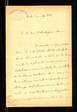 Carta de Antonio Aguilar y Cano a Francisco Rodríguez Marín en la que le informa de que ha recibi...