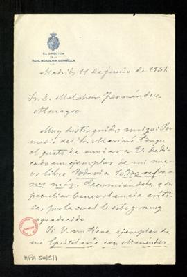 Carta de Francisco Rodríguez Marín, director de la Real Academia Española, a Melchor Fernández Al...