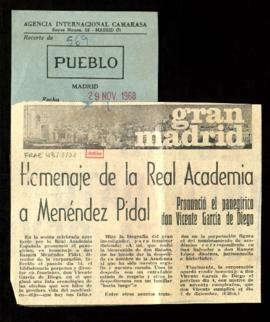 Recorte del diario Pueblo con la noticia Homenaje de la Real Academia a Menéndez Pidal. Pronunció...