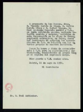 Copia del oficio de Alonso Zamora Vicente a Paul Aebischer de traslado de su elección como académ...