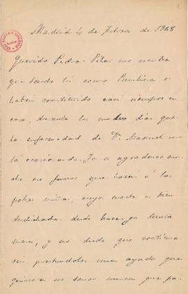Carta de José de Castro a Pedro Antonio de Alarcón con su buena impresión sobre el poema que le e...