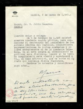 Carta de Gabriel Maura a Julio Casares en la que le solicita el folleto que contenga los discurso...