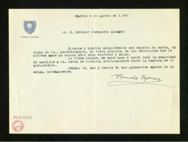 Carta de Concha Espina a Melchor Fernández Almagro en la que le dice que ha recibido con emoción ...