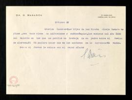Carta de Gregorio Marañón a Julio Casares en la que le solicita un ejemplar de los números del Bo...