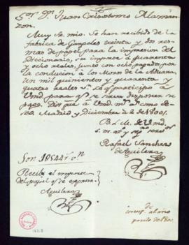 Carta de Rafael Sánchez de Aguilera a Juan Crisóstomo Alamanzón sobre la recepción de 32 resmas d...