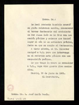 Copia sin firma del oficio del secretario [Julio Casares] a José María Pemán de traslado del  enc...