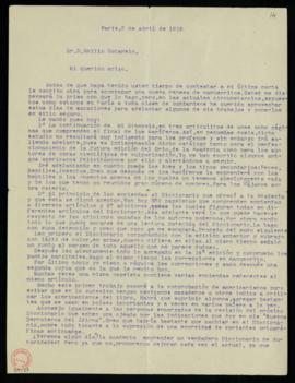 Carta de Miguel de Toro y Gisbert a Emilio Cotarelo con la que acompaña la conclusión de su sinop...